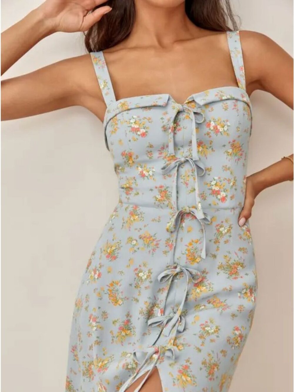 Reformation Eddie Dress in Grazia Blue Floral Midi Sundress bows 4 - Picture 2 of 13